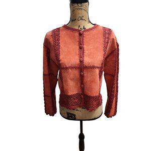 SMH Boutique Coral Suede Crochet Trim Cardigan Jacket Boho Chic‎
